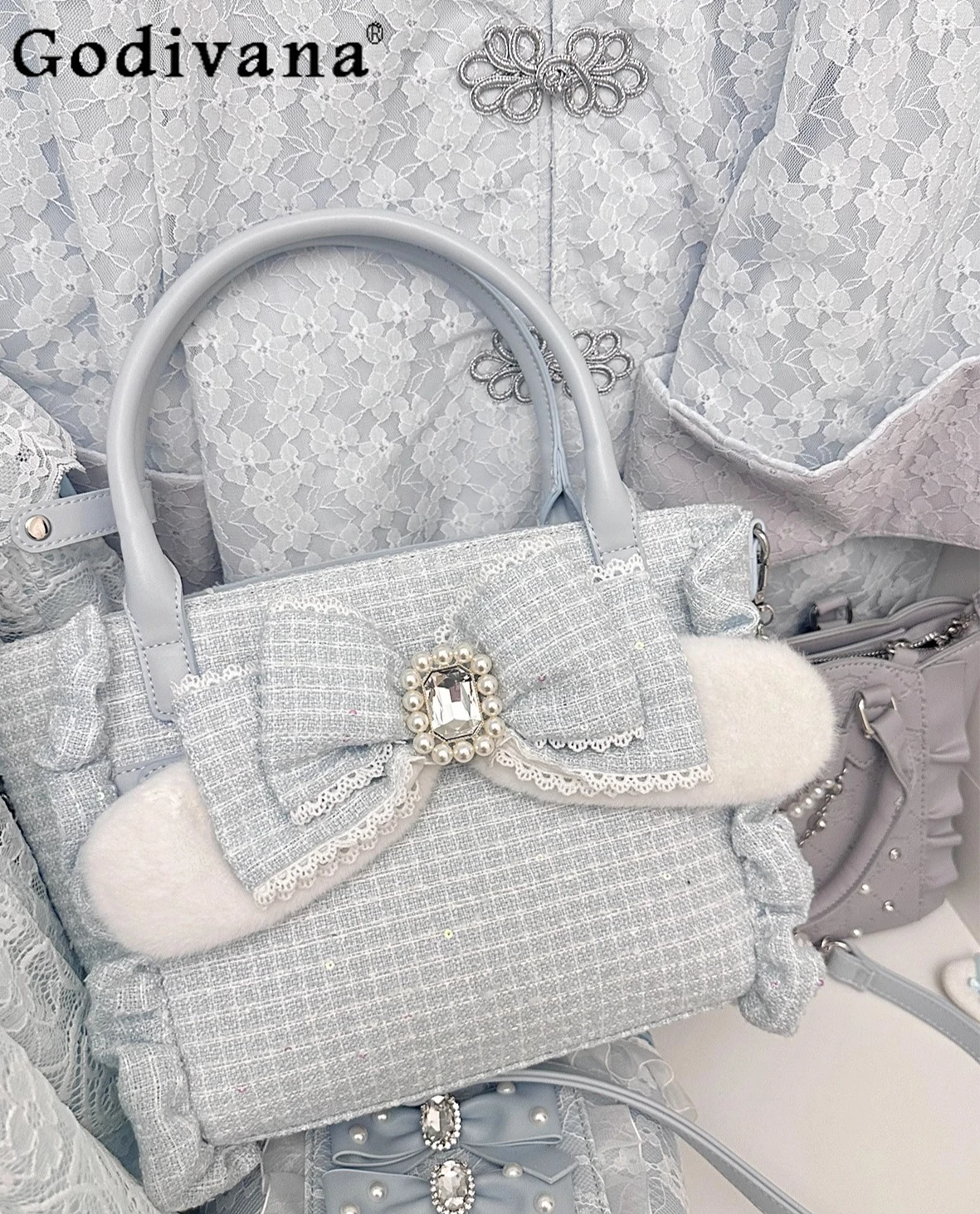 

Japanese Original Mass-Produced Landmine Style Lace Lolita Handbag with Bowknot and Pearls Sweet Cute Versatile Crossbody Bag