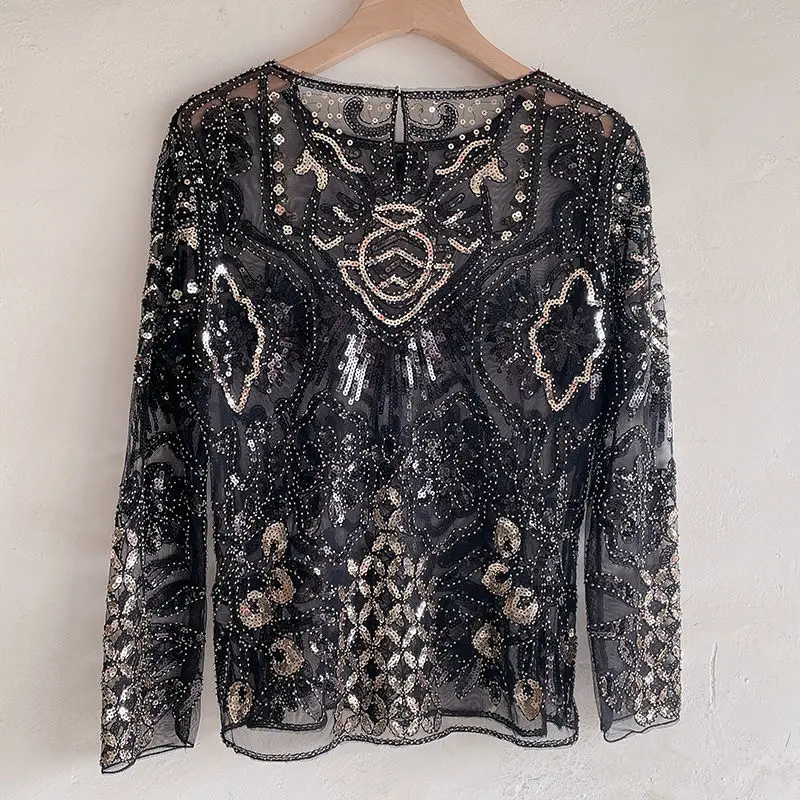 Autumn 2024 New Sequined Exaggerated Beaded Celebrity Temperament Perspective Round Neck Long-sleeved T-shirt Top