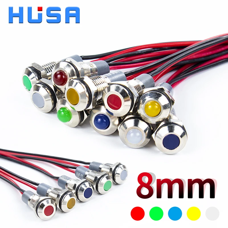 

1PCS 8mm Metal LED Warning Indicator Light Signal Lamp Pilot With Wire Spherical/Flat 3-6/12-24/220V Power Waterproof IP65