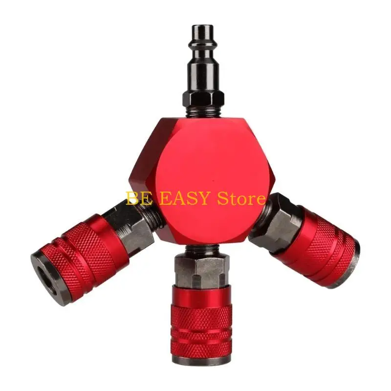 E28F 3-Way Air Manifold 4 Ports Aluminum Industrial Flat Quick Connects Air Hose Splitter with Coupler and Male Plugs
