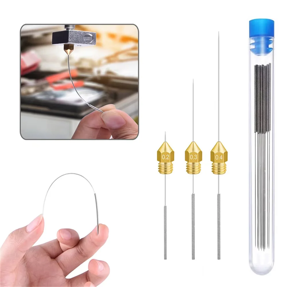 Kit de limpeza de bico de impressora 3d, 10 peças, 0.2/0.25/0.3/0.35/0.4mm, agulhas de limpeza de bico de aço inoxidável, limpador de bico de impressora 3d
