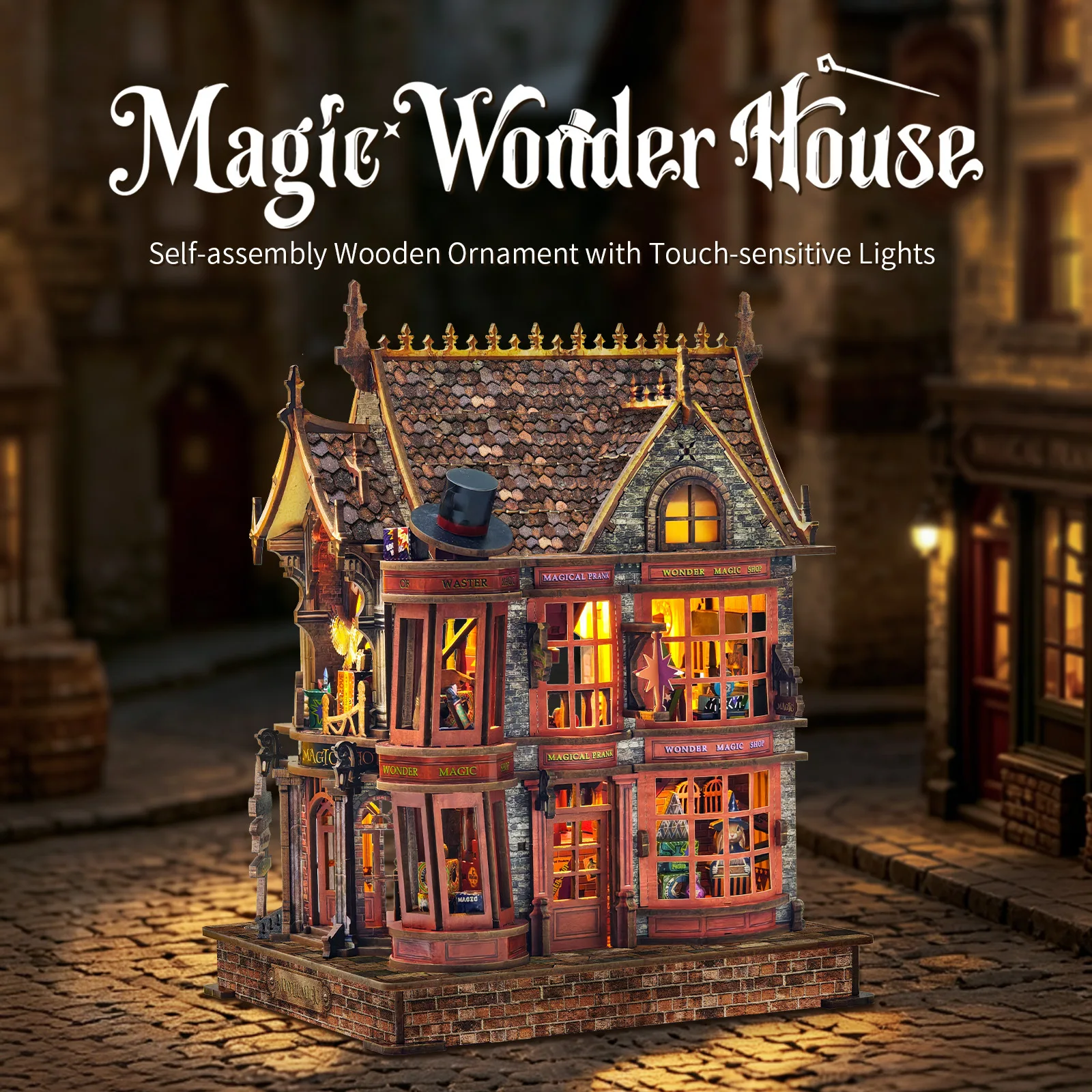 

Magic Shop DIY Book Nook Kit, 3D Wooden Miniature House with LED Light, Magical Themed Gift for Book Lovers