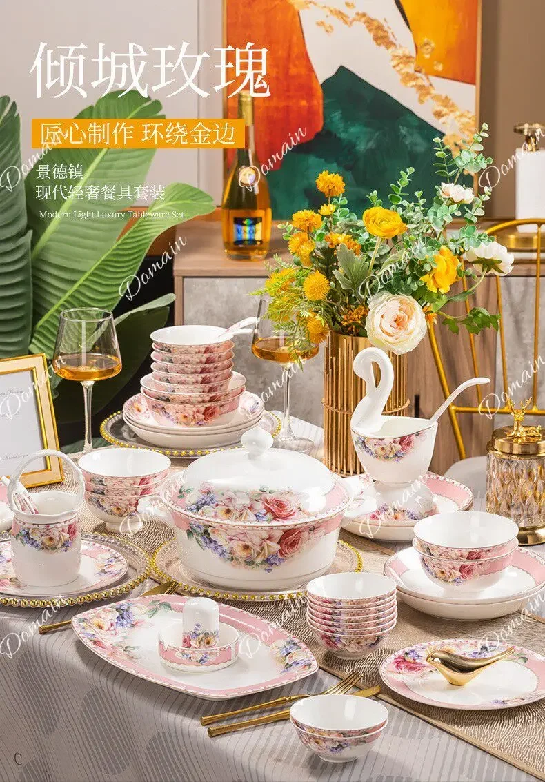 XJ Jingdezhen Household New Dish Set High Value Ceramic Bone China Tableware Set Dish And Chopsticks House Wedding