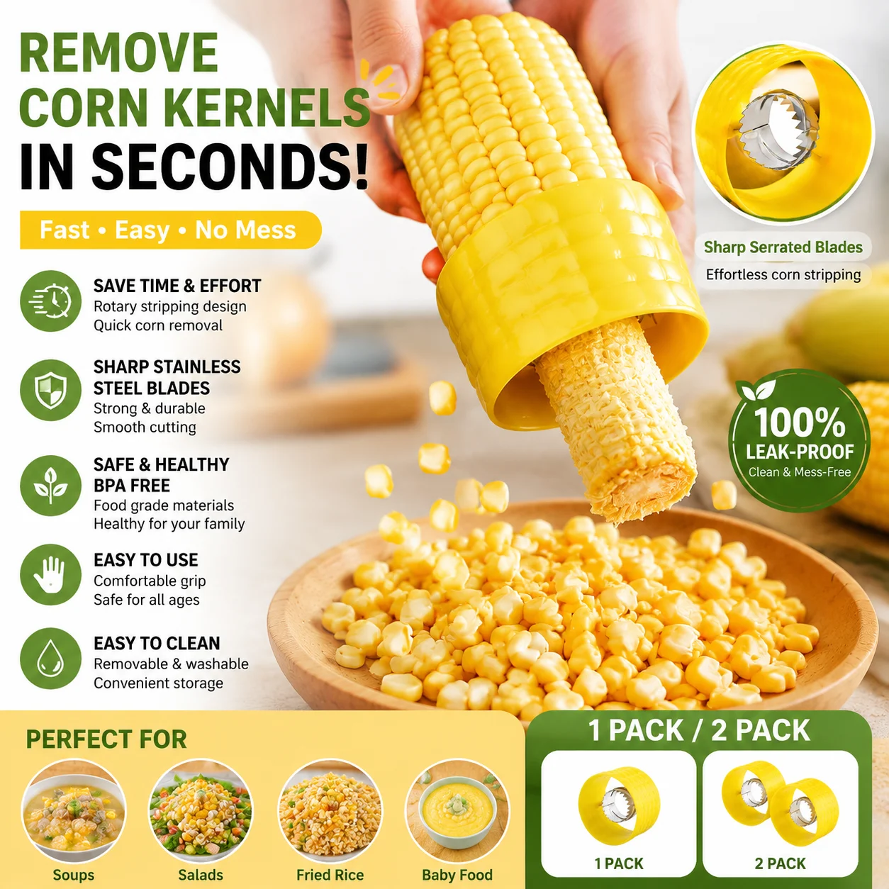 Corn Kernel Remover Tool Fast Rotary Corn Stripper with Sharp Stainless Steel Blade Easy Kitchen Gadget for Home Cooks