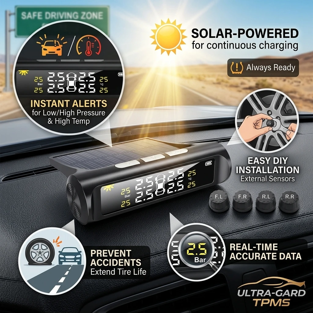 Solar Power Car Tire Pressure Monitoring System (TPMS) Auto Tyre Pressure Alarm Security Warning With Temperature Display