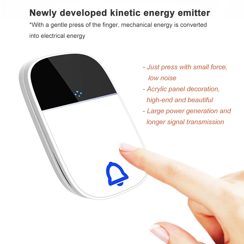 Black Acrylic Self-Powered Dynamic Wireless Doorbell Outdoor Waterproof Long Distance High Volume Remote Control Door Bell