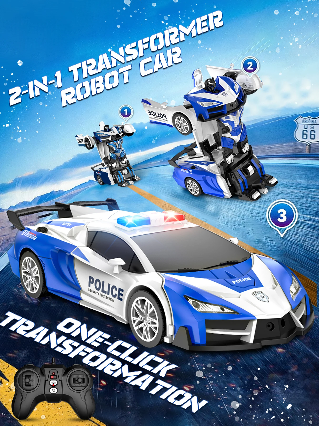 1:18 Scale Remote Control Police Car Transforming Robot Toy, 2.4GHz RC Vehicle to Robot Toy, 360-Degree Rotation Racing Car, One
