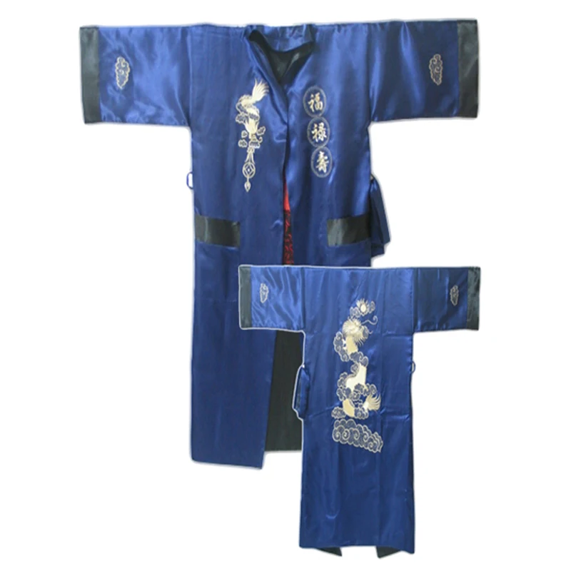 Novelty Reversible Black Red Women Satin Kimono Handmade Embroidery Dragon Nightgown Robe Gown Two Side Sleepwear