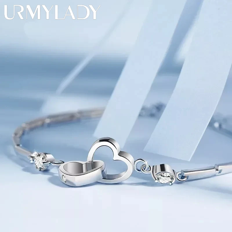 URMYLADY Charms 925 srebro bransoletki bransoletki dla kobiet dziewczyna walentynki cyrkon ślub biżuteria w kształcie serca