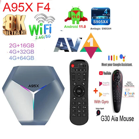 Приставка Смарт-ТВ A95X F4, Android 11, Amlogic S905X4, 4K, YouTube, 4 + 32/64/128 ГБ, 2,4G