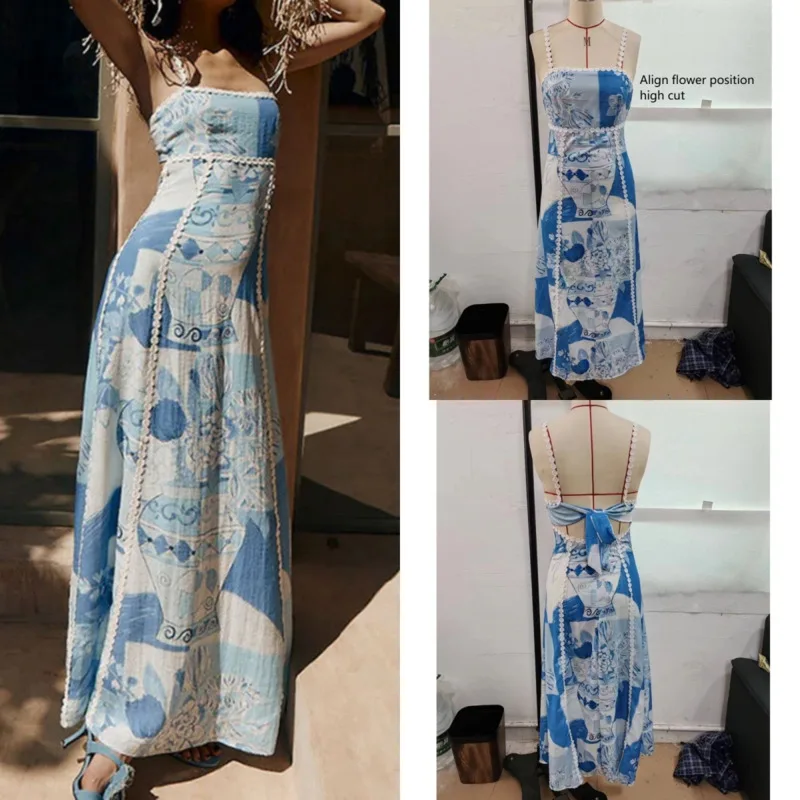 

Elegant Square Neck Print Maxi Dresses Women Fashion Back Bow Lace Up Suspender A Line Dress Summer High Street Vacation Robes