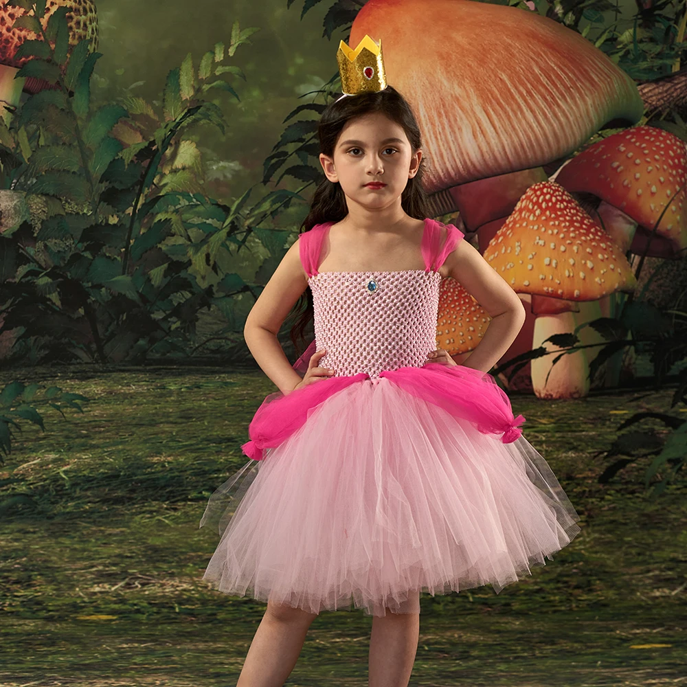 Peach Princess Tutu Dress for Girls Stage Performance Clothes Children Halloween Cosplay Costume Fancy Party Outfits with Crown