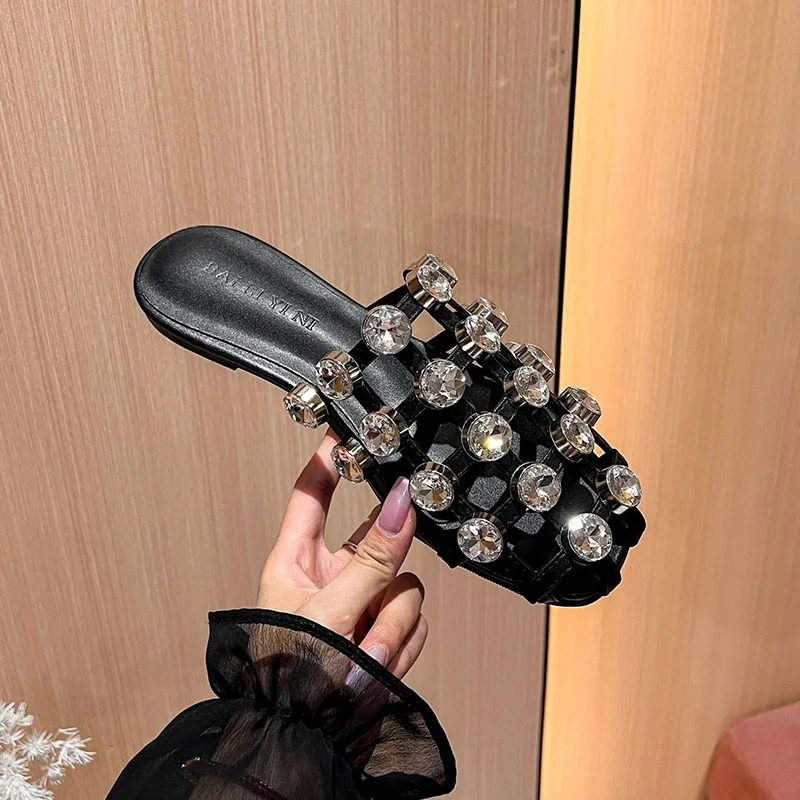 Zapatillas de mujer, zapatillas modernas sexis con huecos de cristal de verano, zapatillas informales de malla con tachuelas de Rheinstone, zapatillas sólidas