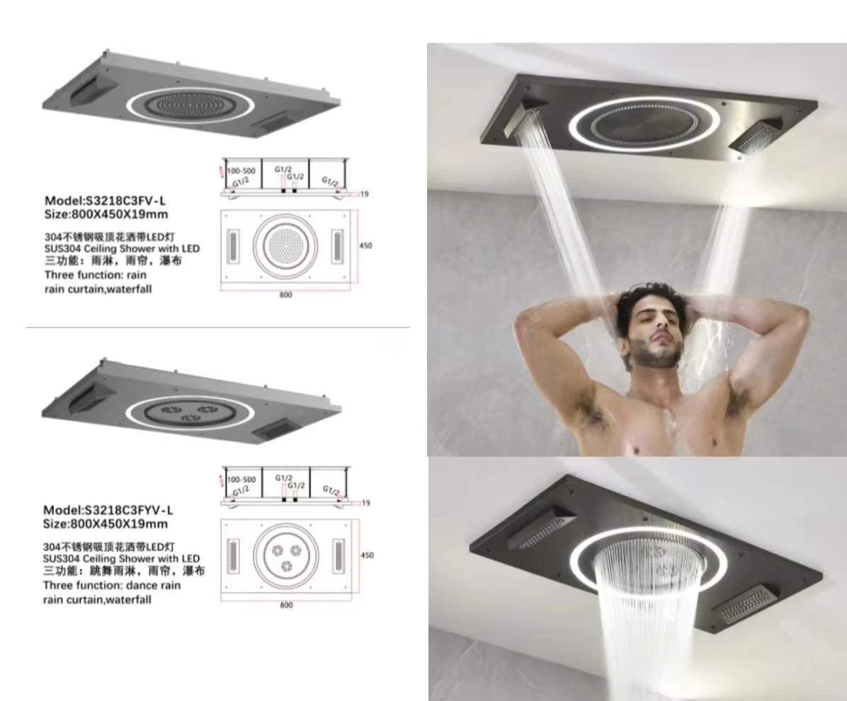 800X450X19mm SUS304 Ceiling Shower with LED  Three Function Dance Rainrain Curtain,waterfall