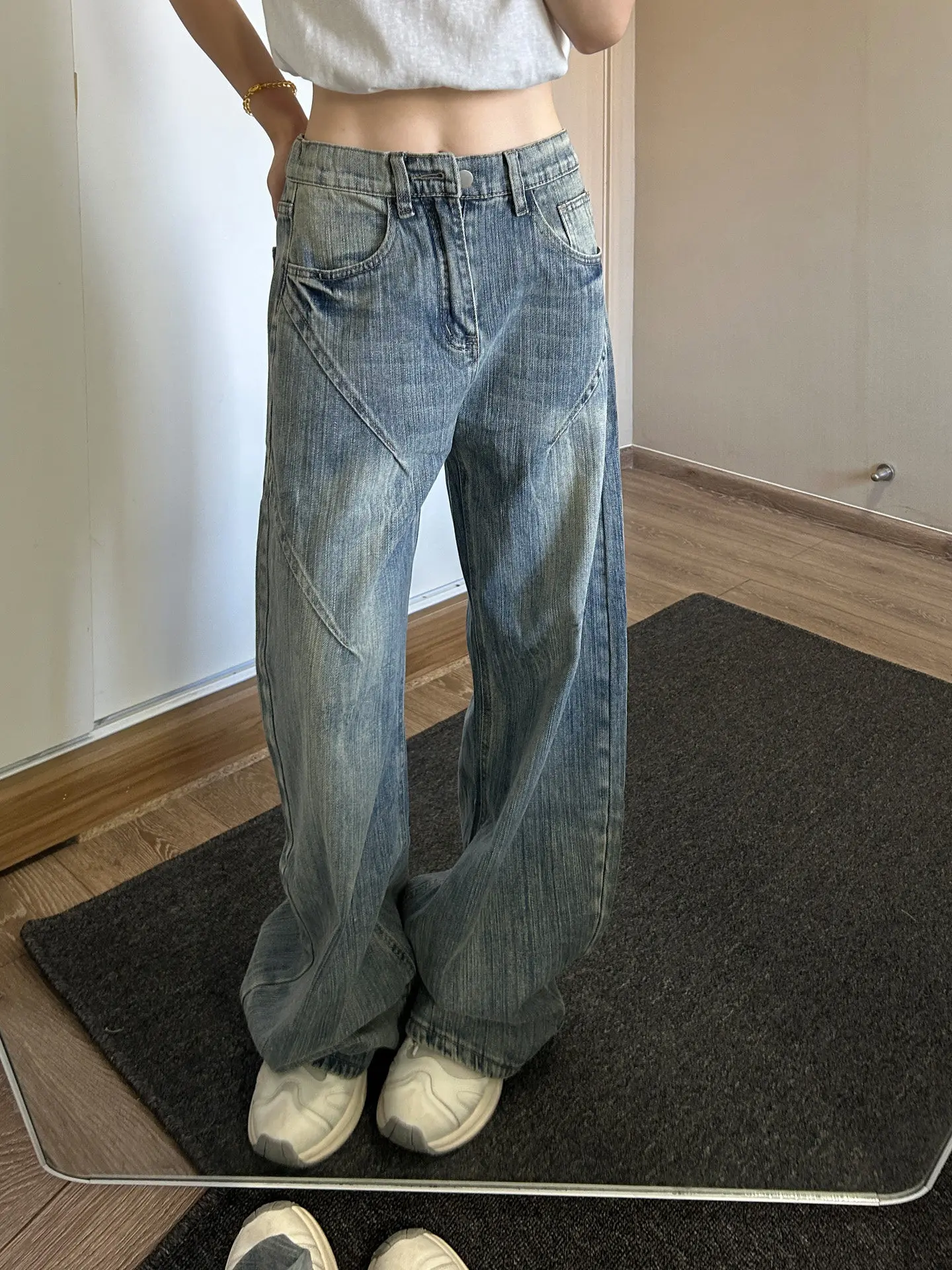 American Retro Washed Bamboo Texture Knife  Jeans Men Loose Wrinkle Wide Leg Pants CleanFit Straight Leg Jeans