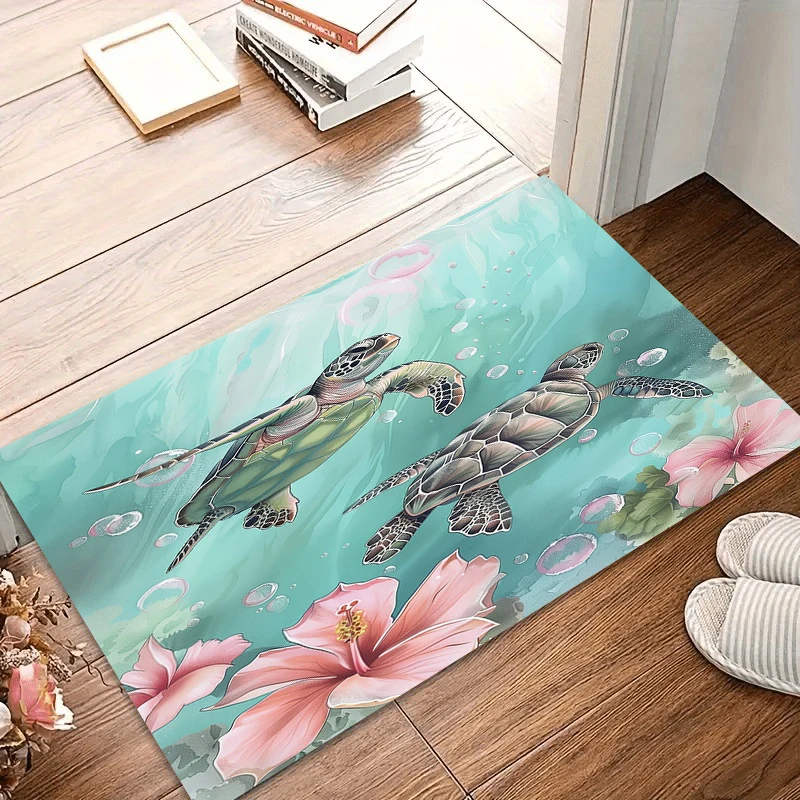 Sea Turtles Hibiscus Rug Carpet Non-Slip Alfombra Washable Carpets for Living Room Bedroom Children's Room Durable Floor Gift