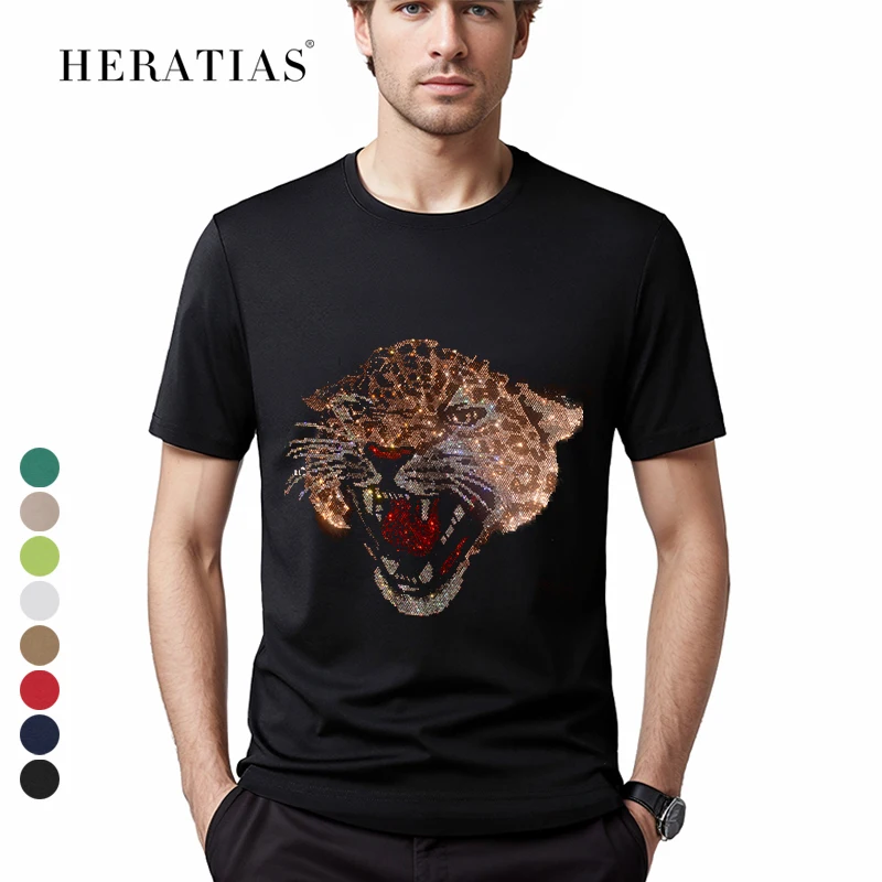 Hot sale high quality men's summer casual T-shirt European and American fashion hot rhinestone flash fierce cheetah T-shirt