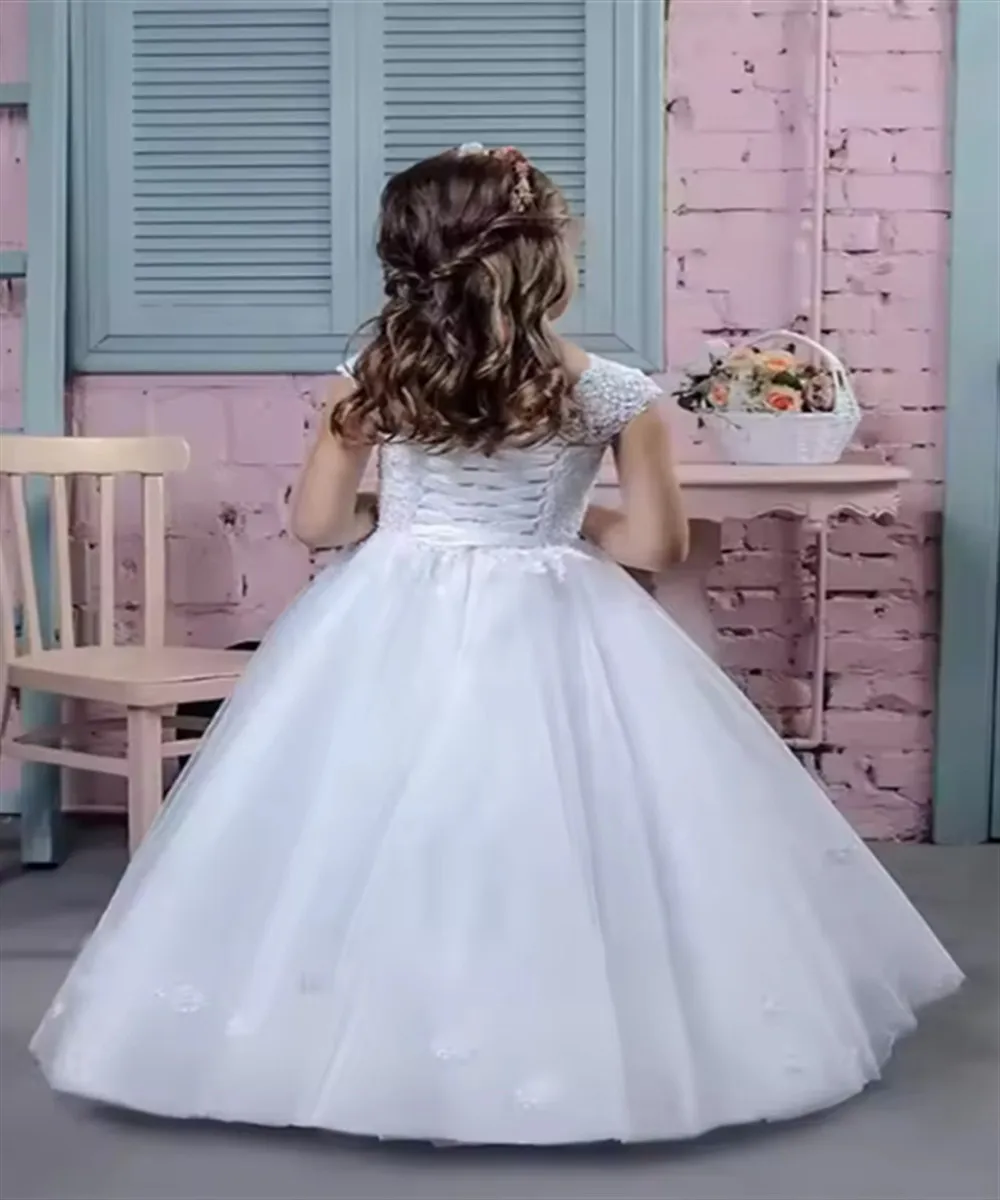 

Elegant Flower Girl Dress White Appliques For Wedding Princess Birthday Party Dress Kids First Holy Communion Gown Customized