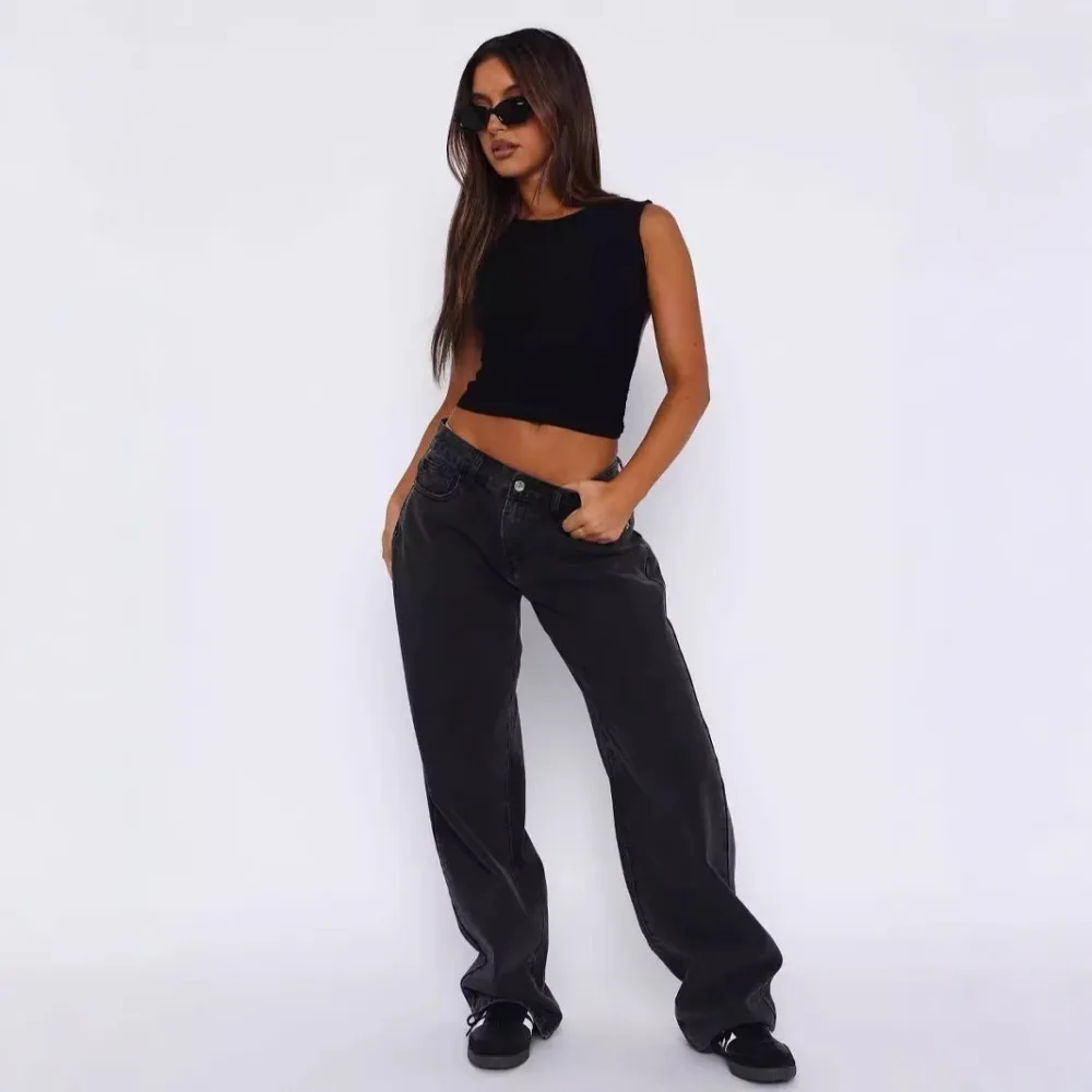 

Best-selling European and American Style Simple Waist Straight Spice Joker Denim Pants Ladies