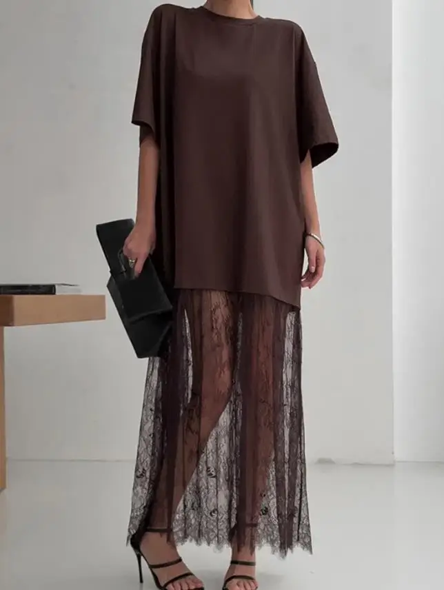 Womens Dresses 2025 Spring New Solid Color Short Sleeve Round Neck Lace Hem T-Shirt Dress Caual Loose Fit Daily Maxi Dress