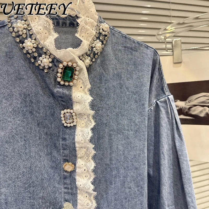 

Весенне-осенний новый дизайн, тяжелые топы с воротником-стойкой из бисера, лоскутная свободная однобортная джинсовая рубашка с кружевной отделкой для женщин