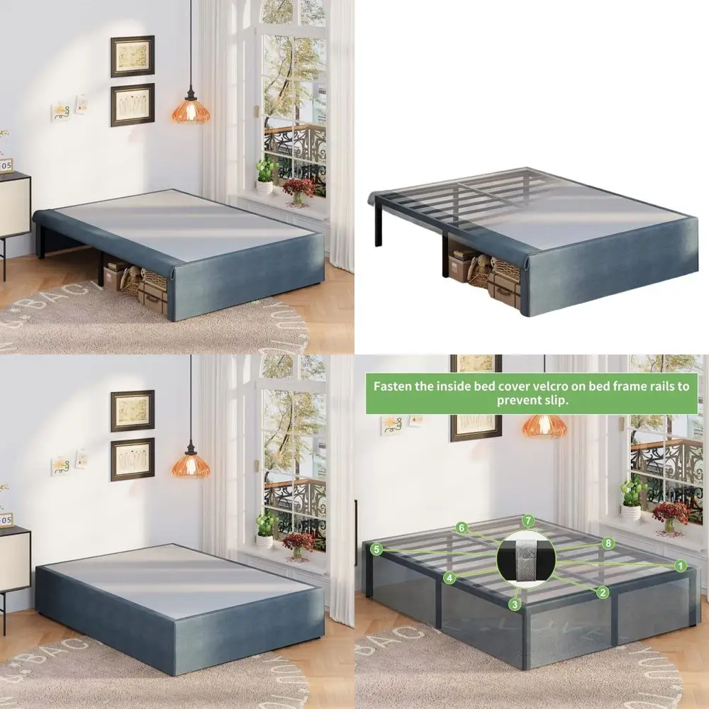 16 Inch Queen Metal Platform Bed with Fabric Cover, Storage, Heavy Duty, No Box Spring Needed, Easy Assembly