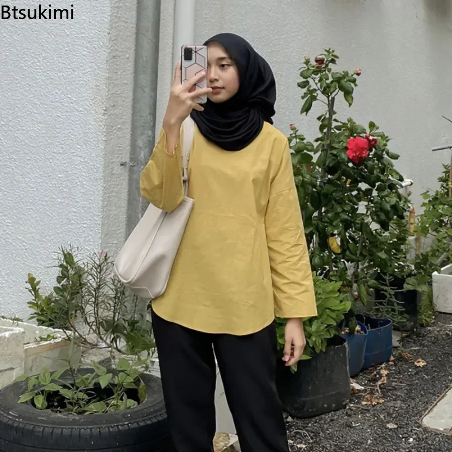 New Large Size Loose Muslim Blouses for Women Fashion Vintage Solid Simple Tops Versatile Casual Pullover Islamic Clothing Femme