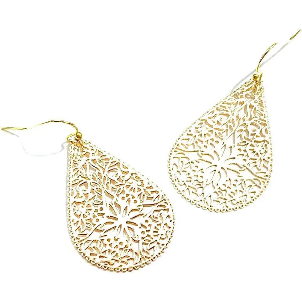 

Lightweight Filigree Teardrop Earrings in Gold Tone
