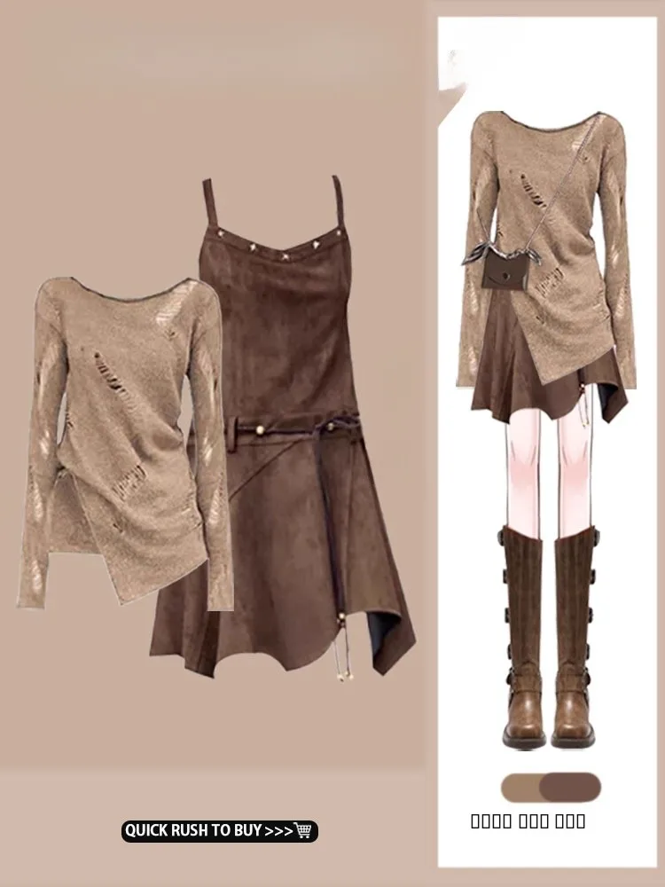 

Модный комплект из двух предметов: женская рубашка с вырезами и укороченный топ с высокой талией, осенний винтажный стиль, облегающая юбка, коллекция 2026 года