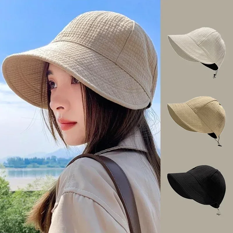 Women Fashion Summer Sun Hat Foldable Wide Brim Bucket Adjustable Outdoor Beach Panama Caps Ponytail Fisherman Cap Accessories