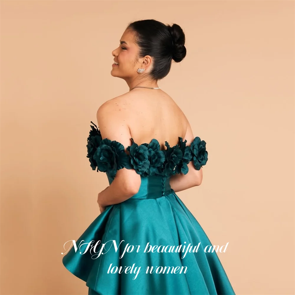 

NFYN Бирюзовые платья для выпускного вечера с открытыми плечами, праздничное платье с рюшами в Саудовской Аравии и цветочным принтом, вечернее платье трапециевидной формы 프롬 드레스 по индивидуальному заказу