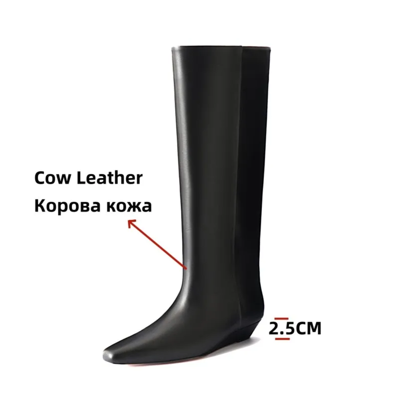 Dilalula 2025 Genuine Leather Knee High Boots Women low Wedges High Heels Pointed Toe slip on Autumn winter long boots ladies