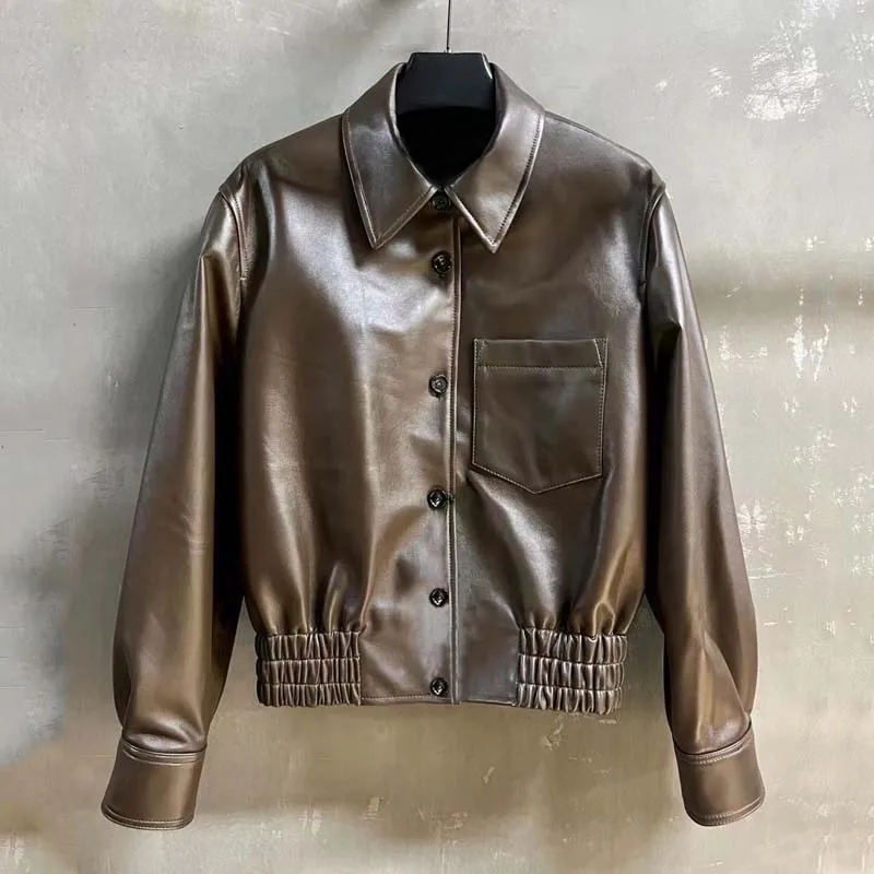 Women Coat Spring Short Length 2024 New Fashion Genuine Leather Jacket Single Breasted Turn-Down Collar Wrinkle Hem