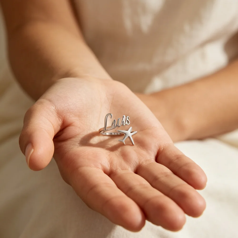 Custom Name Airplane Ring Personalized Stainless Steel Script Name Travel Rings For Women Holiday Minimalist Jewelry
