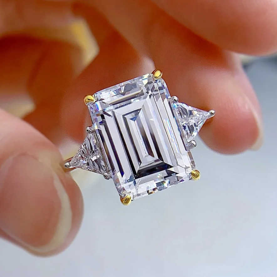 

New S925 Silver Ring Emerald Cut Rectangle Diamond Fairy Style Wedding Ring 10 * 14mm Diamond Ring