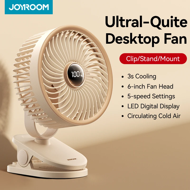 

JOYROOM 4000mAh Portable Clip On Fan USB Rechargeable Fan 5 Speeds Camping Fan with LED Display 360° Rotate Desktop Fan for Home