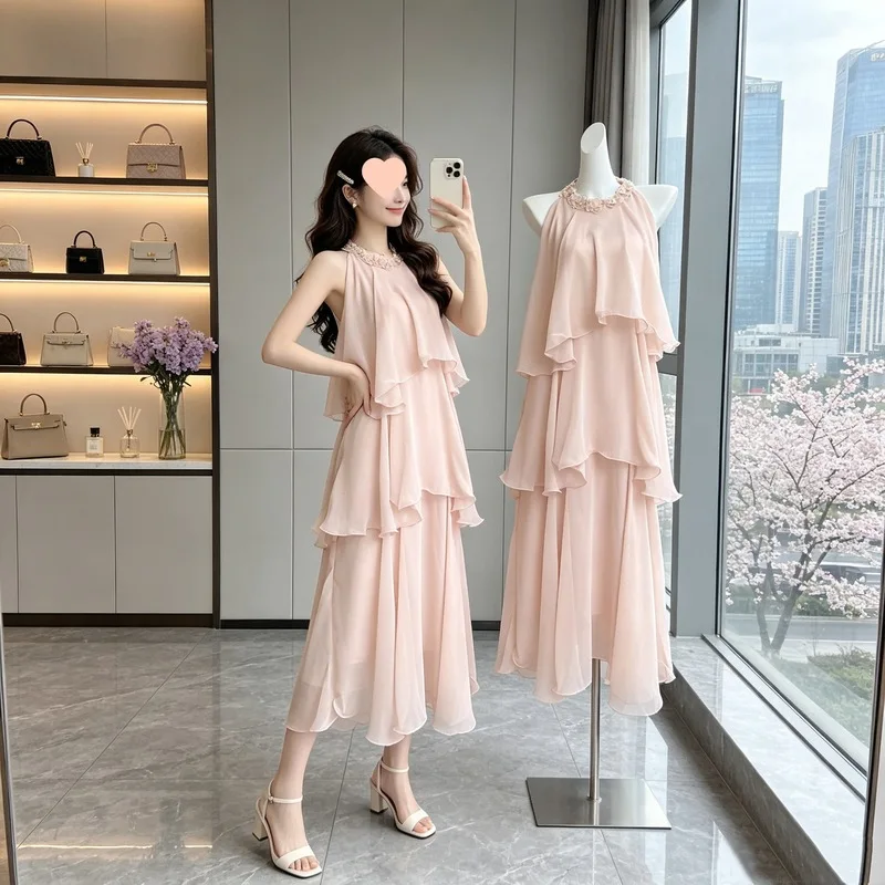 French-Style Three-Layer Chiffon Dress with Three-Dimensional Floral Details, Long Vacation Halter-Neck Dress in Sheer Fabric