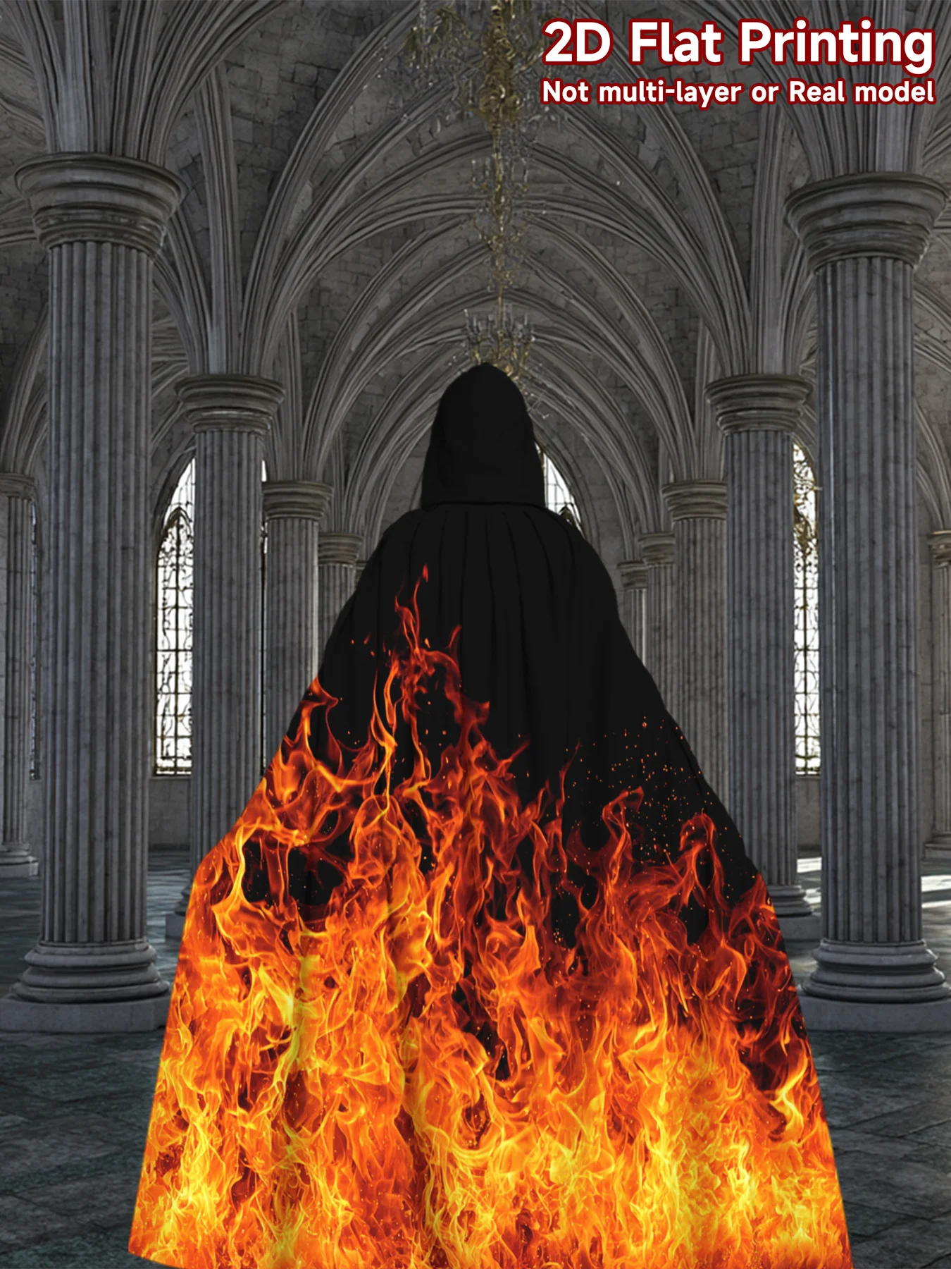 Halloween Fiery Flames Pattern Hooded Capes Costume Cloak for Cosplay Halloween Carnival Parties Dress-Up Nights