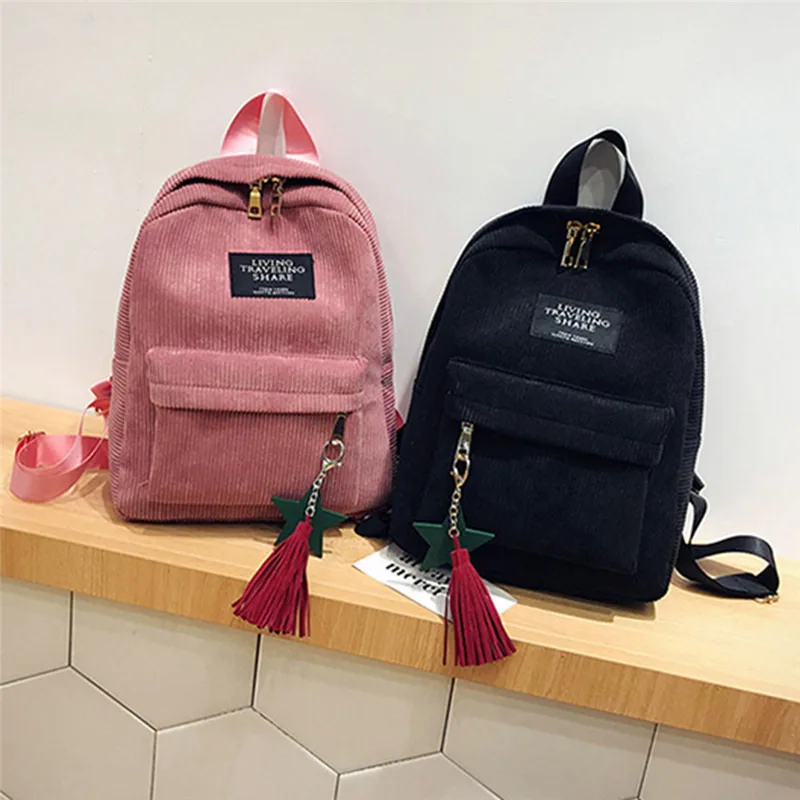 Fashion Woman Mini Simple Corduroy Backpacks Campus Style Pure Color Capacity Double Shoulder Bag Solid Color Corduroy Backpack