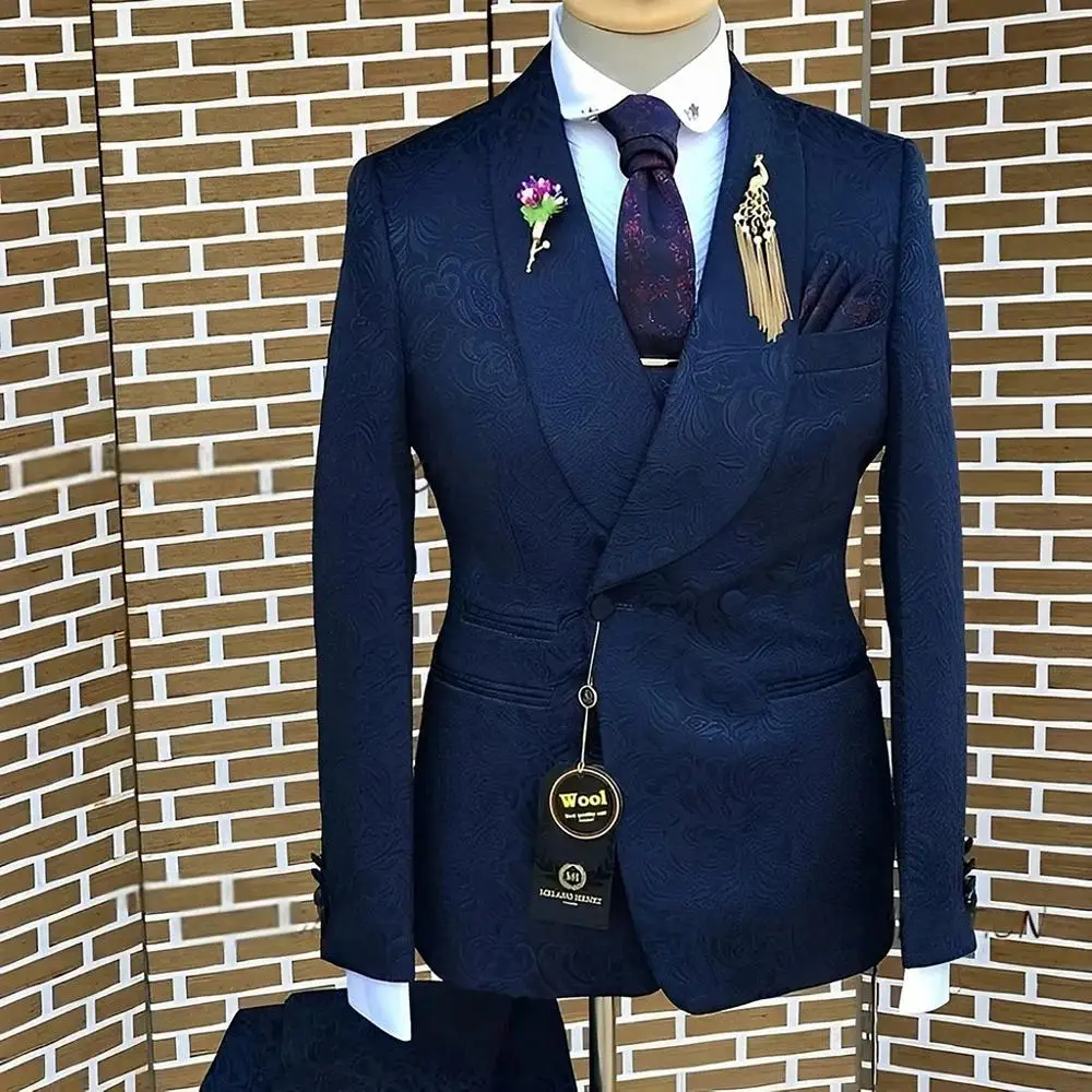 

Navy Blue Jacquard Double Breasted Slim Fit Men Suits Wedding Tuxedos Groom Business Party Prom Best Man Blazer Costume Homme