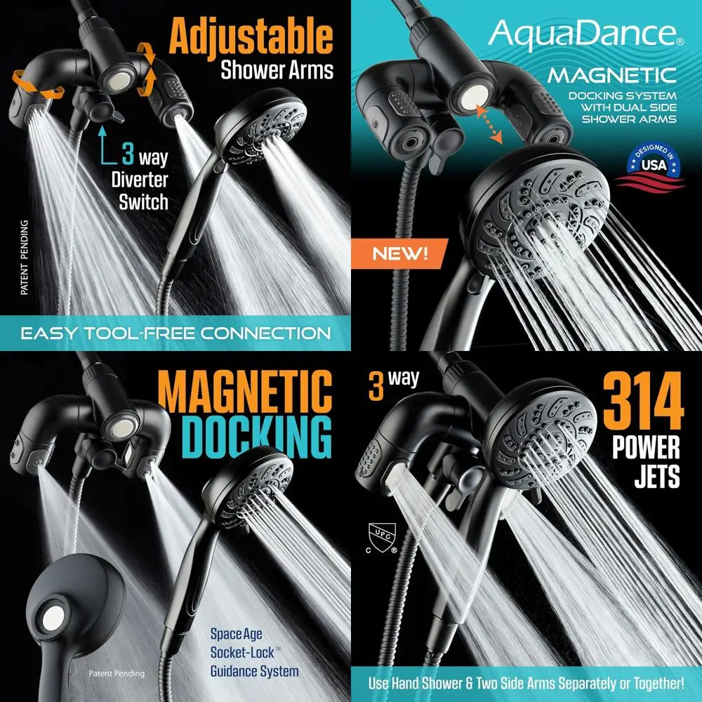 

Premium 156 Setting 14-Zone Shower & Handheld 3-Way System - Magnetic Dock, 314 Jets, Dual Arms, 6ft Hose, Matte Black Finish