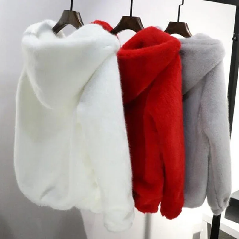 Rabbit Imitation Fur Winter Soft Mink Faux Fur Coat Warm Artificial Fur Hooded Oversized 2023 Fashion Women White Black Jacket