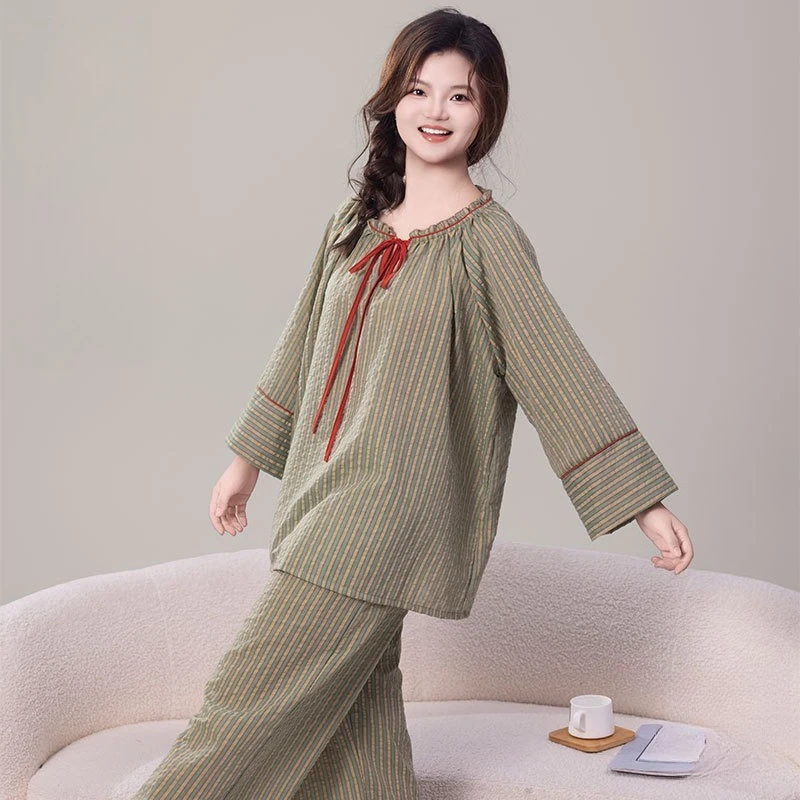 Women's Cotton Striped Pajama Set, Ruffled Round Neck Tie-Front Loose Loungewear with Contrast Trim Sleepwear