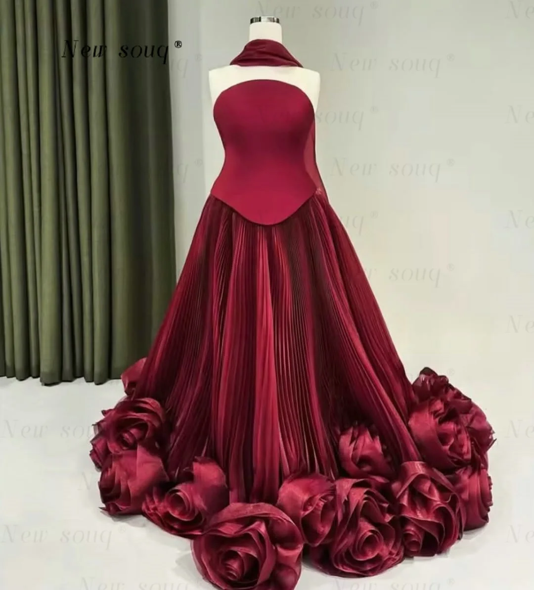 

Puffy Burgundy Strapless Evening Dresses Customized 3D Flowers Ruched A Line Wedding Engagement Party Gowns Long Prom Abiye