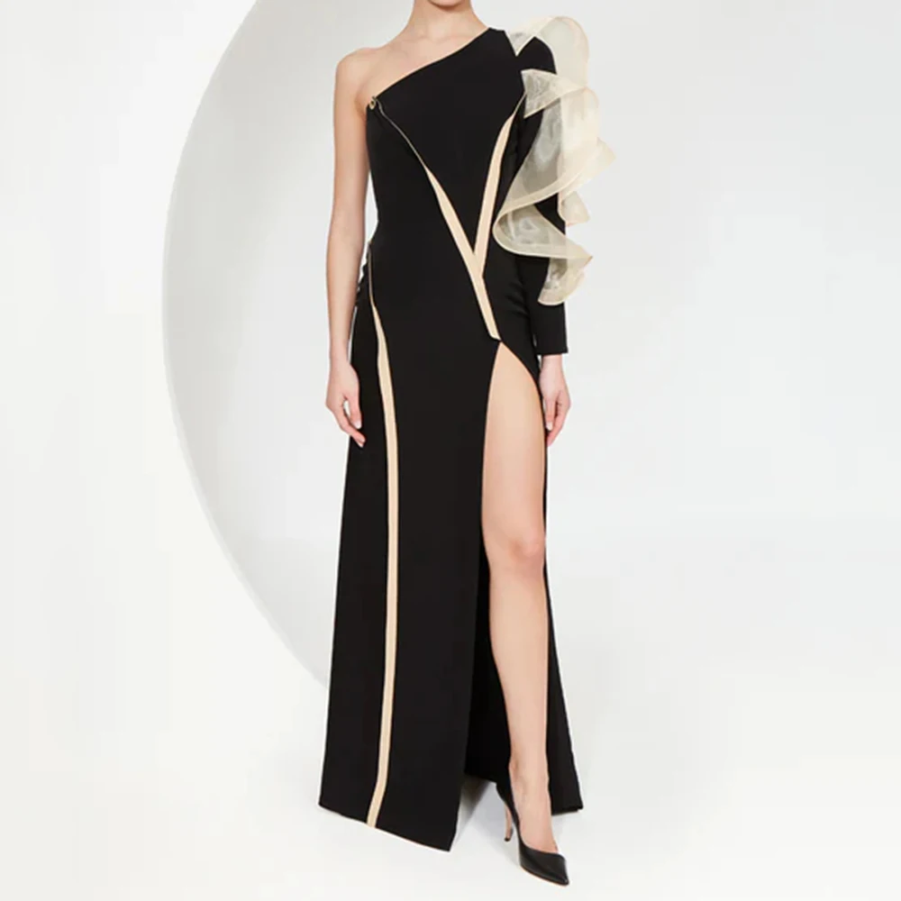 فساتين سهرة حورية البحر مخصصة بطول الأرض بكتف واحد وأكمام طويلة فستان حفلات أنيق مكشكش بسيط ثنيات للحفلات