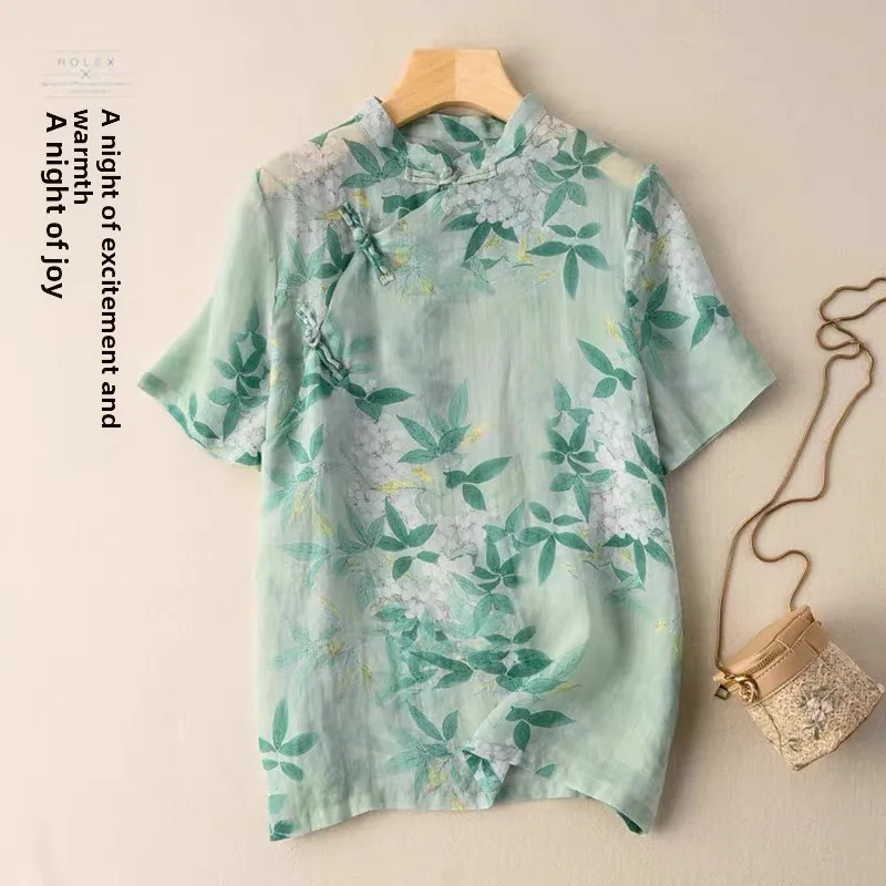 中国風唐装風夏服新作アートプリント綿麻ゆったりレディース薄手Tシャツボタン飾り