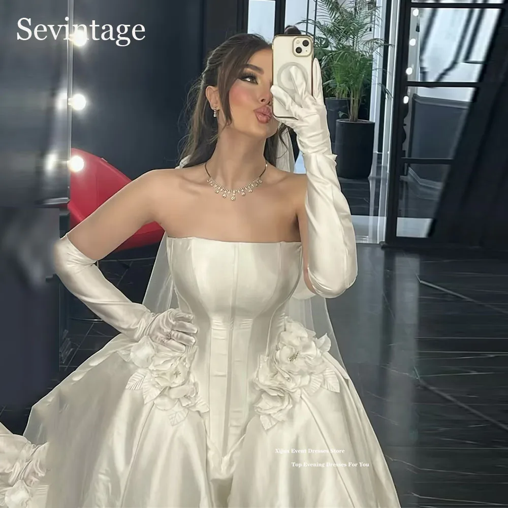 Sevintage Luxury Satin Long Wedding Dresses 3D Flowers Sleeveless Bridal Gowns Pleated Formal Ball Gowns For Bridal Customized