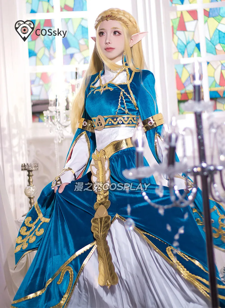 Women Blue Velvet Princess Elegant Dress Cosplay Zelda Costume Halloween Carnival Fancy Fantasy Uniform Wig Prop Game XS-XXXL view 3