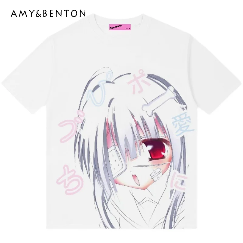 Camiseta de manga corta Harajuku 2d para mujer, ropa de algodón suave con estampado de dibujos animados, holgada, combina con todo, estilo japonés