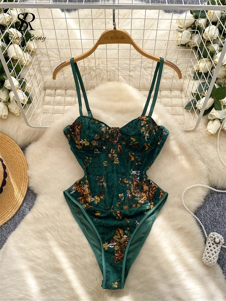 

SINGREINY France Retro Straps Corset Bodysuits Lace Print Patchwork Rompers Female Senior Sexy Summer Slim Night Club Playsuits